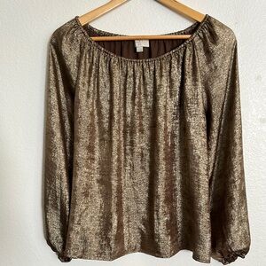 LOFT Brown/ Gold Relaxed Blouse with Billowy Sleeves